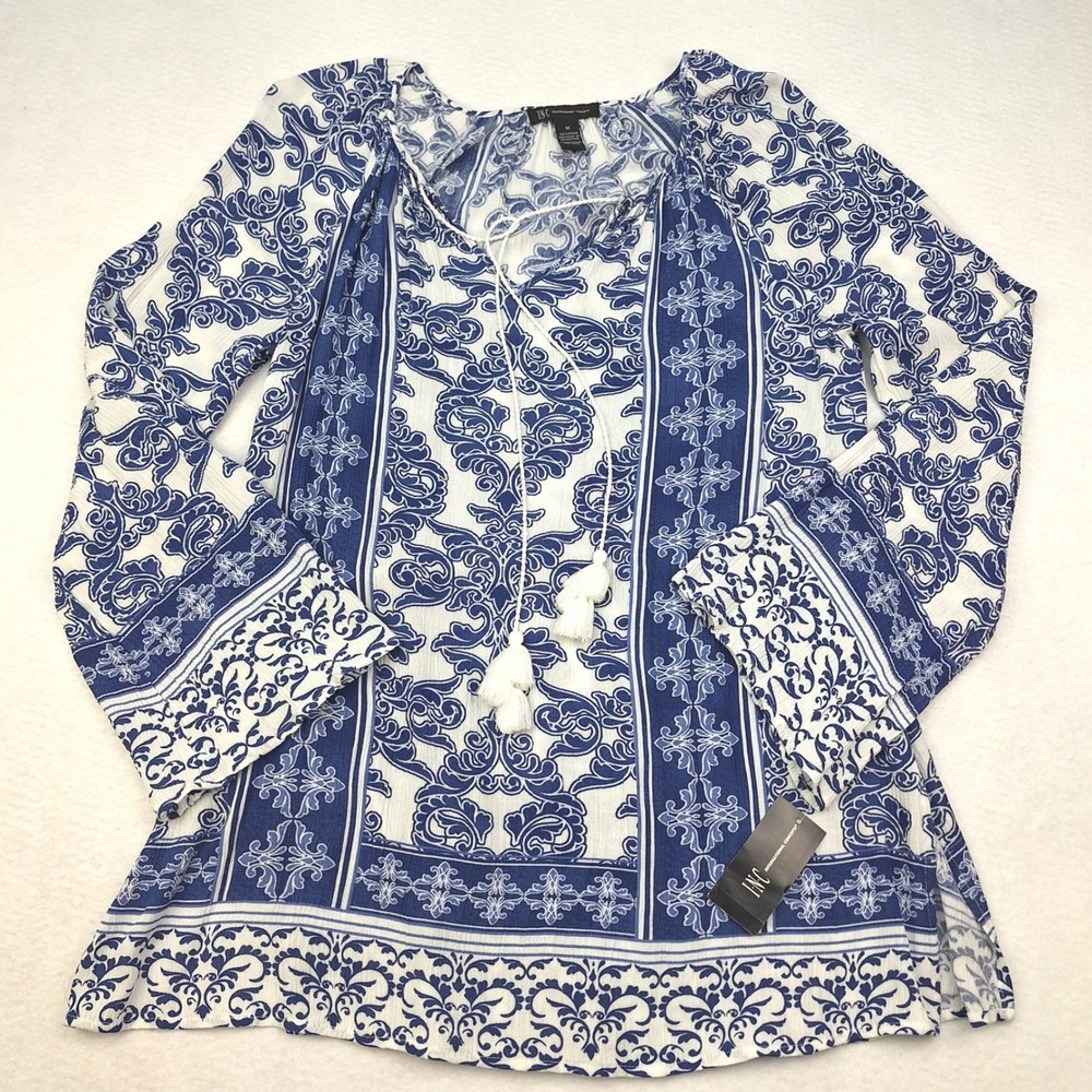 INC International Concepts‎ Blouse Womens Medium Blue Damask Scroll Peasant Top